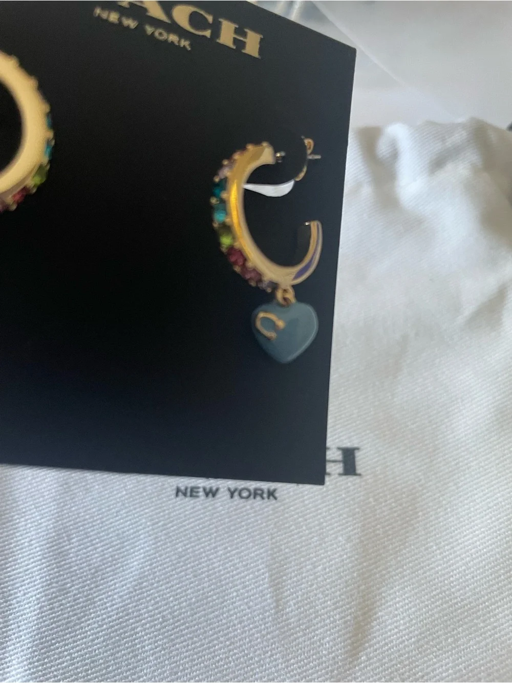 COACH Gold Hoop Earrings with Blue Heart and Multicolor Crystals - Picture 5 of 7
